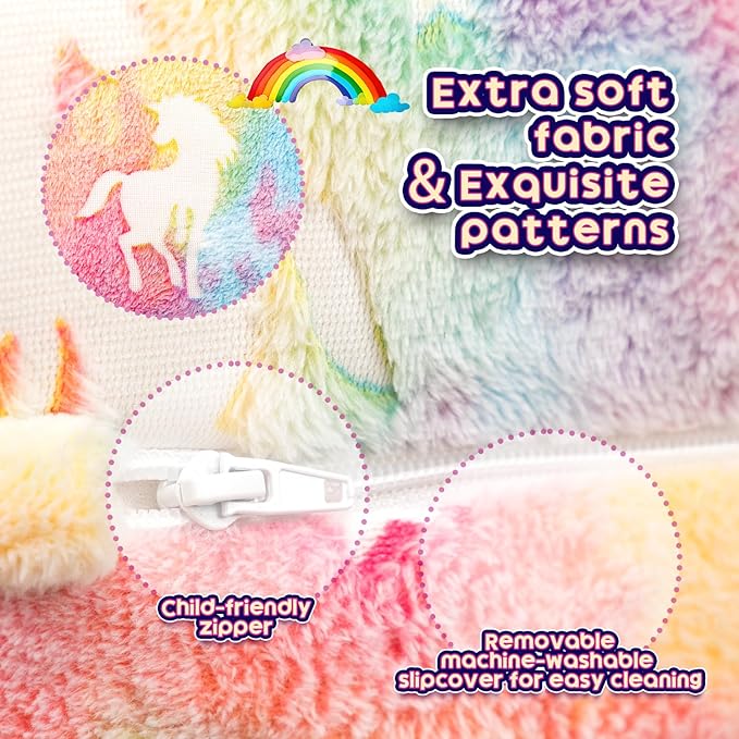 Kids sherpa reading chair fabric, soft sherpa texture with pastel unicorn motif