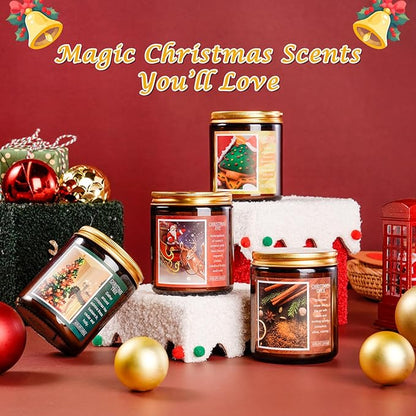 4-pack scented soy candles with gold lids stacked on white faux snow, holiday labels