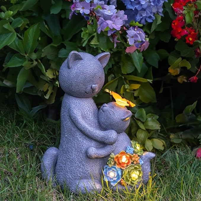 Solar Loving Cat Garden Statue with Butterflies - IP65 Resin Decor