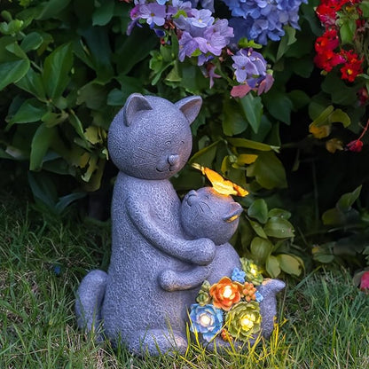 Solar Loving Cat Garden Statue with Butterflies - IP65 Resin Decor