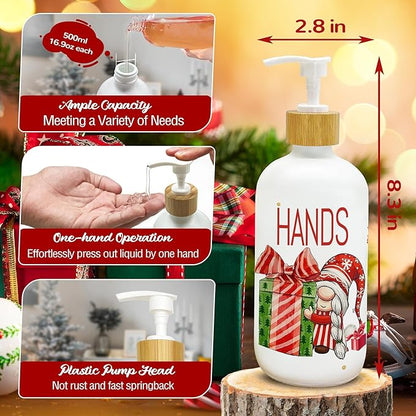 Christmas soap dispenser with pump, white bottle and wood cap, red HANDS label