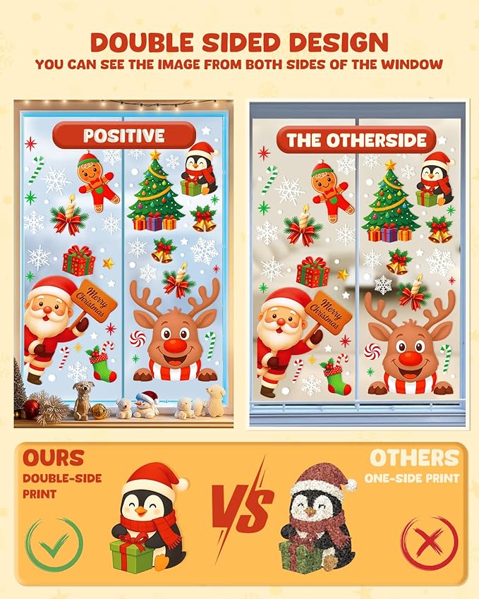 Double-sided Christmas window cling stickers with positive and reverse image sides