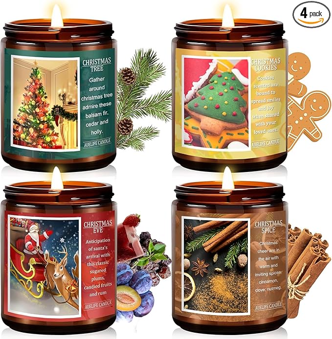 4-pack scented soy candle set with gold lids, featuring Christmas Tree, Cookies, Eve, Spice labels