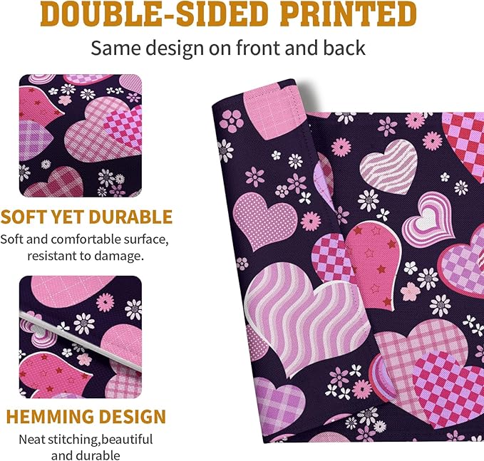 Patterned Love Hearts Valentine's Day Placemats, Set of 4 – 12 x 18-Inch Washable Cotton Linen Table Mats for Anniversary, Wedding Parties & Indoor or Outdoor Kitchen Dining Decor