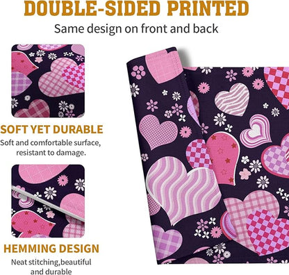 Patterned Love Hearts Valentine's Day Placemats, Set of 4 – 12 x 18-Inch Washable Cotton Linen Table Mats for Anniversary, Wedding Parties & Indoor or Outdoor Kitchen Dining Decor