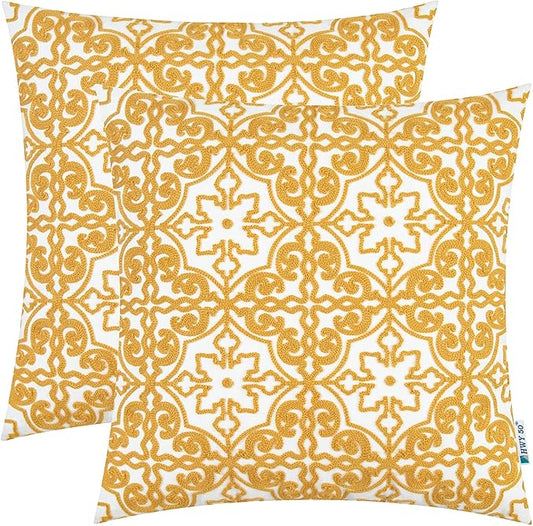 Mustard yellow embroidered throw pillow cover with ornate damask medallion pattern