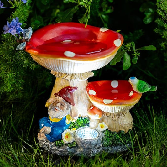 Solar mushroom bird feeder statue with two red tray caps, gnome elder and green bird figurines