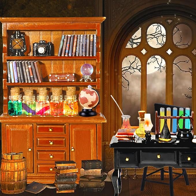 Witchy dollhouse miniature bookcase cabinet with potion bottles, books, and crystal globe