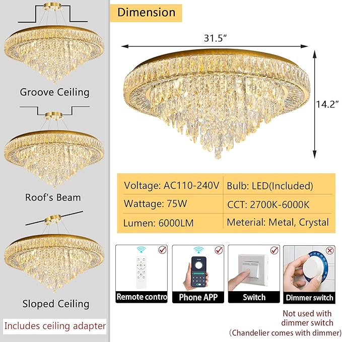 Gold round flush-mount crystal chandelier with hanging crystal drops and remote control