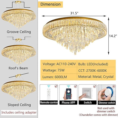 Gold round flush-mount crystal chandelier with hanging crystal drops and remote control