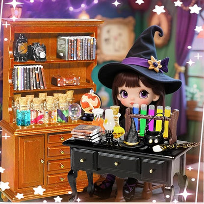 Witchy dollhouse miniature desk with potion bottles, books, and toy witch accessory