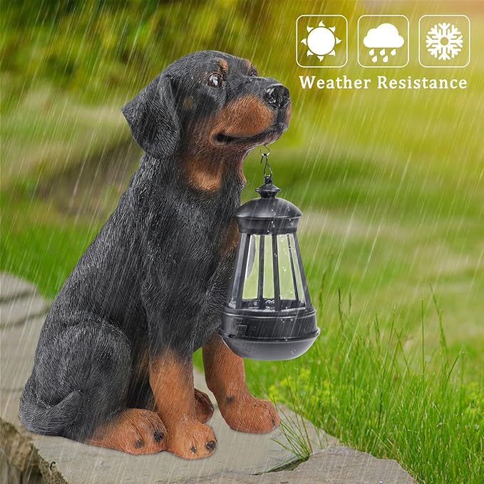 Solar Rottweiler Garden Statue with LED Light - 13-Inch Resin Dog Outdoor Decor