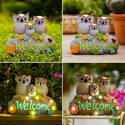 Solar Owl Garden Statue with Welcome Sign and Luminous Paint - Resin Outdoor Decor Gift