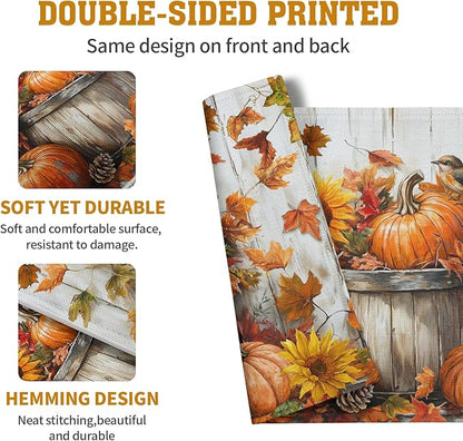 Double-sided printed cotton-linen placemat set with pumpkins and colorful autumn leaf design