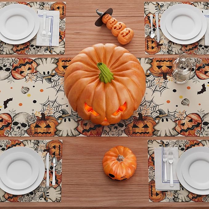 Halloween table runner with skulls, ghosts, and jack-o’-lanterns along the edges