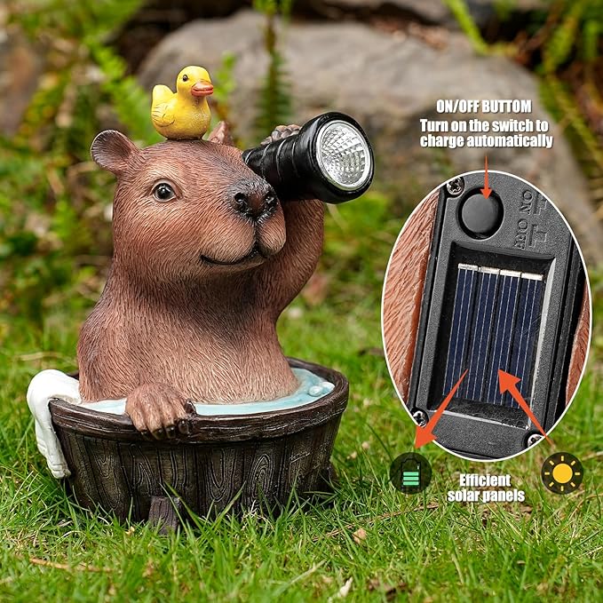Capybara Solar Garden Statue with Duck and Flashlight - Funny Resin LED Outdoor Decor