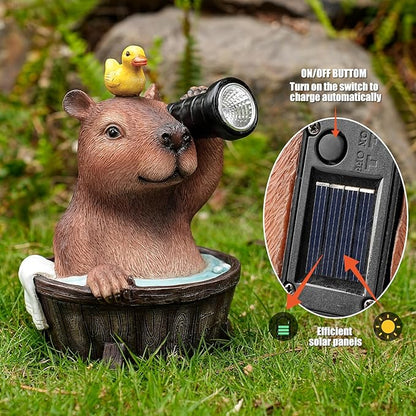 Capybara Solar Garden Statue with Duck and Flashlight - Funny Resin LED Outdoor Decor