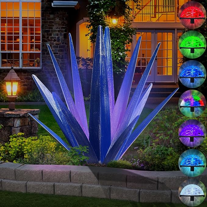 Metal Agave Garden Sculpture with Solar Light - Large Handmade Rustic Outdoor Decor