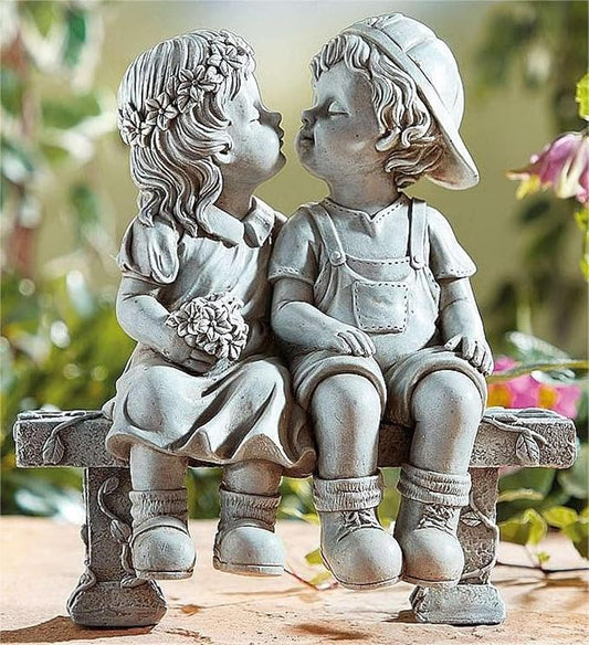 First Kiss Couple Garden Statue - Boy and Girl Resin Outdoor Decor