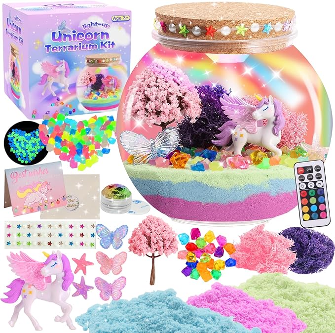 Light-up unicorn terrarium kit with rainbow sand, gem pieces, unicorn figure, tree, butterflies