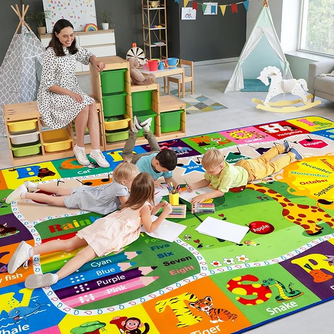 Colorful kids alphabet and animal area rug with months, numbers, and bright play layout