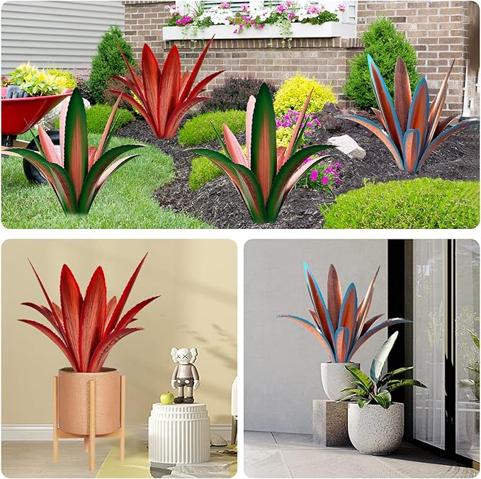 Metal agave garden sculpture shown in green, red, and blue finishes