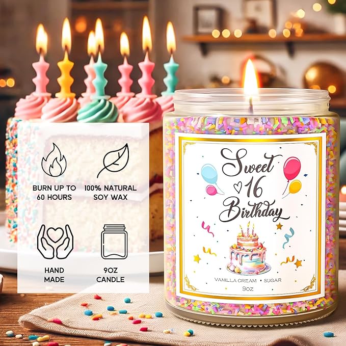 Sweet 16 birthday candle jar with lit wick, surrounded by colorful candles and confetti