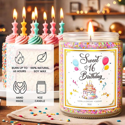 Sweet 16 birthday candle jar with lit wick, surrounded by colorful candles and confetti