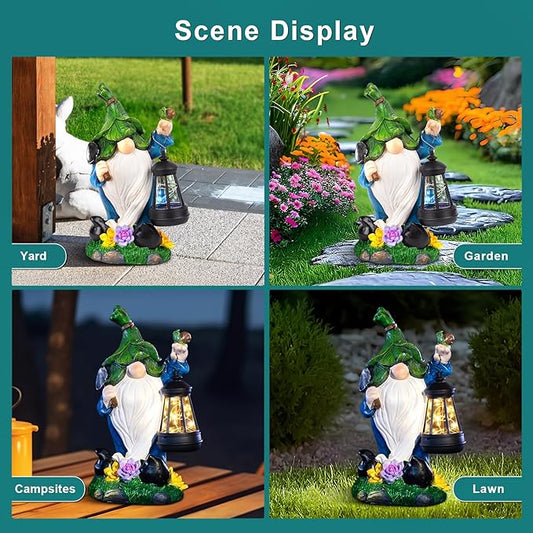 Solar gnome yard light figurine holding a shovel beside a glowing lantern on ground flowers