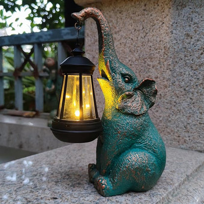 Solar Elephant Garden Statue Holding Lantern - Resin Outdoor Decor Good Luck Gift