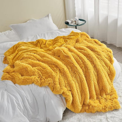 Mustard Yellow Shaggy Faux Fur Queen Blanket – 90"x90" | 1.5" Deep Plush Pile | Bold Boho Throw for Queen Beds, Sofas & Autumnal Interiors