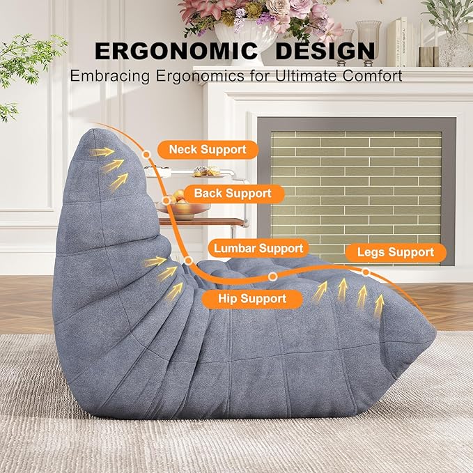 Grey Ripple Loveseat Floor Sofa - Togo-Style Foam Lounge Sofa with Wave Profile for Living Room, Reading Corner, and Modern Interiors