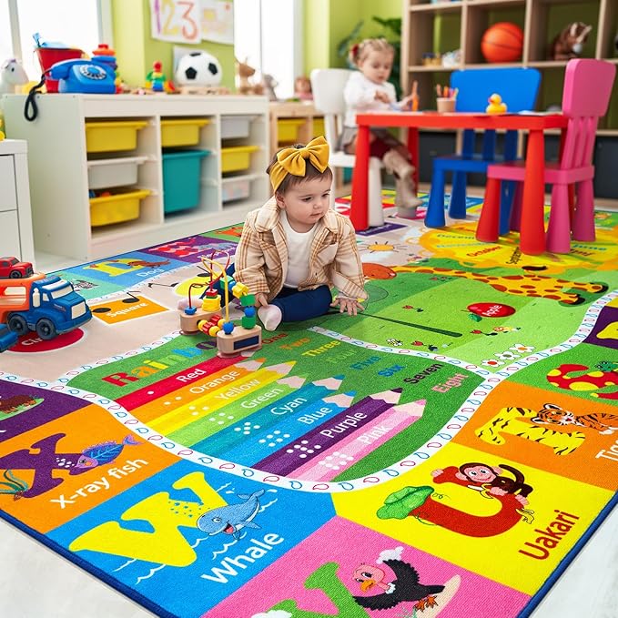 Kids alphabet and animal area rug with rainbow sections and a dotted learning border