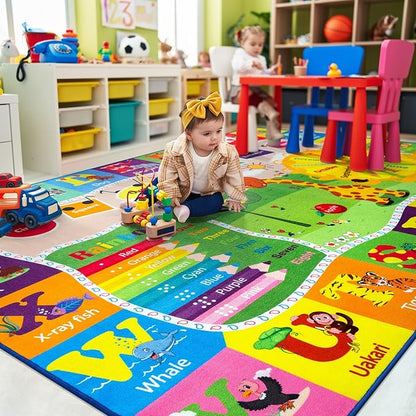 Kids alphabet and animal area rug with rainbow sections and a dotted learning border