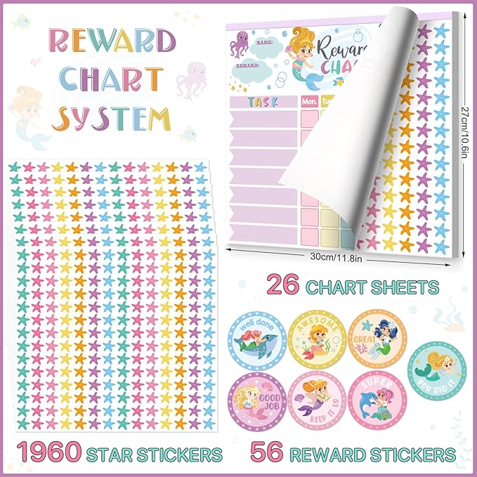 Mermaid Reward Chart for Kids – 26 Magnetic Chore Charts | 1960 Diamond Stickers | 56 Reward Stickers | Behaviour Chart for Home Fridge School