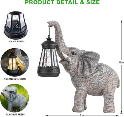 Solar Elephant Garden Statue with Lantern - IP65 Good Luck Resin Outdoor Decor