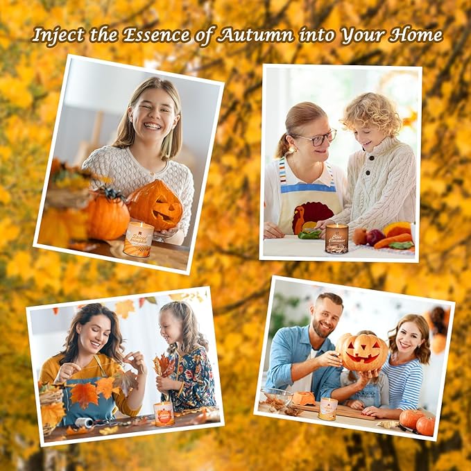 Autumn scented candle gift set shown in family photos with candle jars