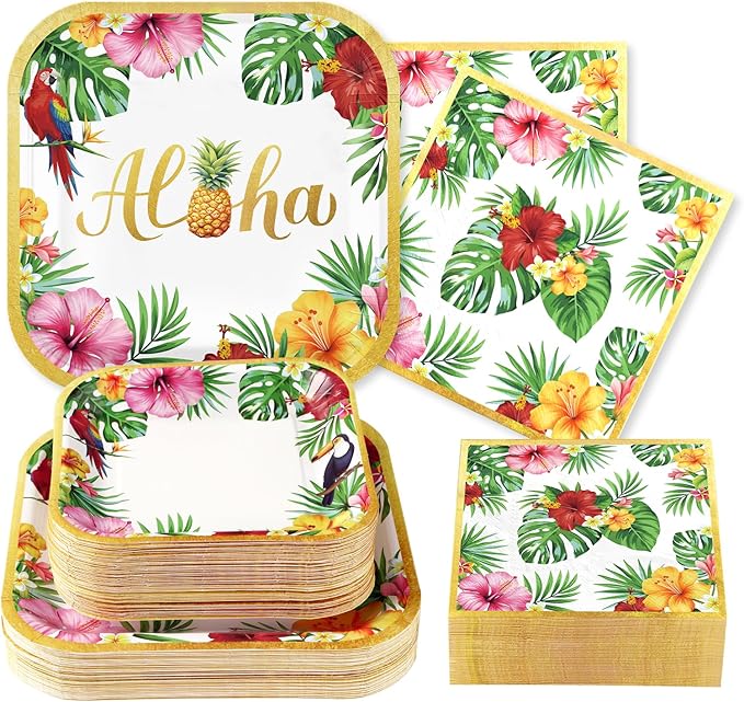 Aloha hibiscus and palm leaf paper plates with gold border and “Aloha” centerpiece