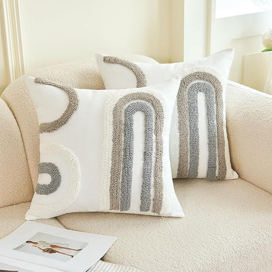 Tufted boho jacquard pillow cover, white with gray arched design