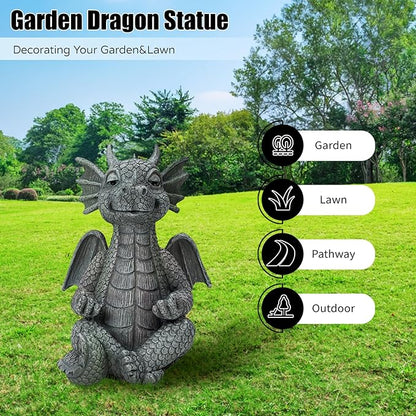 Garden dragon meditation statue figurine, gray stone-look, seated on lawn with wings