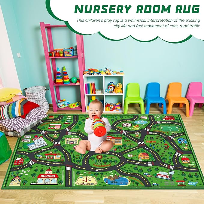 Green city traffic playmat rug on floor with roads, landmarks, and a toddler playing