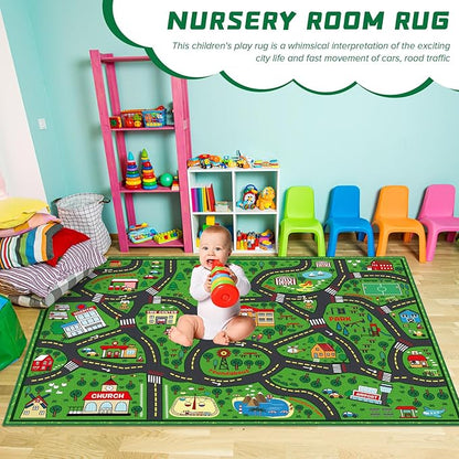 Green city traffic playmat rug on floor with roads, landmarks, and a toddler playing