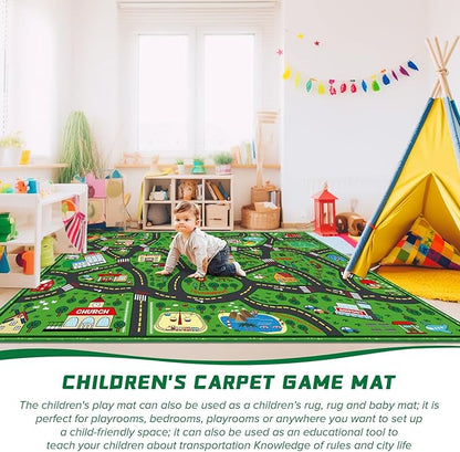 Green city traffic playmat rug with roads and place icons in a playroom setting