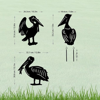 3-Pack Pelican Metal Garden Stakes - Weather-Resistant Bird Yard Decor