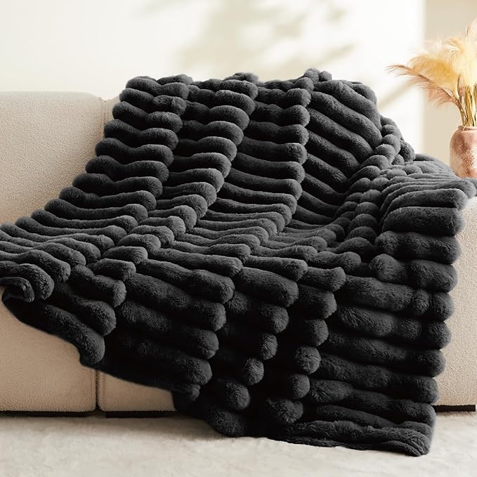 Black Faux Rabbit Fur Throw Blanket – 50"x60" | 770GSM Double-Sided Luxury Fluffy Blanket | 3D Striped Plush Couch Throw for Men & Women