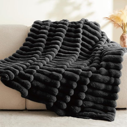 Black Faux Rabbit Fur Throw Blanket – 50"x60" | 770GSM Double-Sided Luxury Fluffy Blanket | 3D Striped Plush Couch Throw for Men & Women