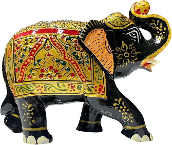 Handcrafted Wooden Elephant Figurine with Gemstone Embellishments - Lucky Home Decor