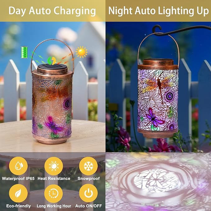 Solar dragonfly lanterns with multicolor cutout design, copper top and hanging handle