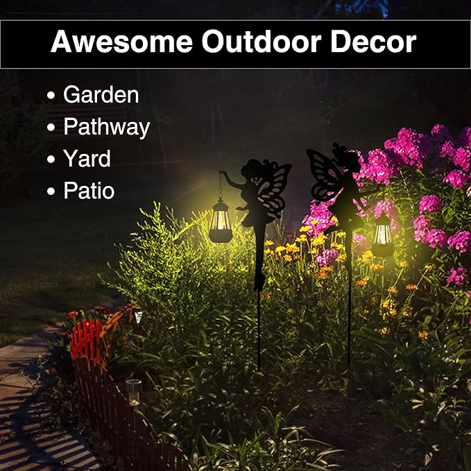 Two black fairy solar stake lights with warm lantern glow for outdoor yard decoration