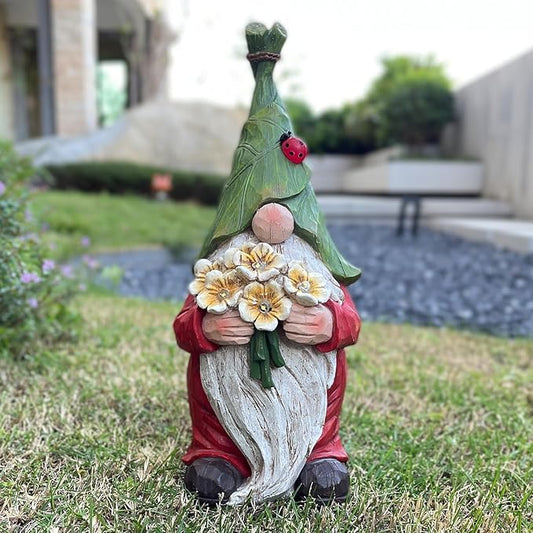 Green and red garden gnome statue holding a bouquet of flowers with glowing solar lights
